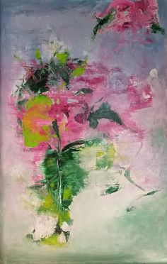 an abstract painting with pink and green flowers