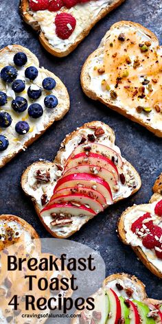 Overhead image of breakfast toasts topped with fresh fruit, nuts, coconut and honey on a dark counter. Banana Toast Recipe, Breakfast On The Go Ideas Healthy, Sweet Toast Ideas, Quick Easy Breakfast Ideas Healthy, What To Put On Toast, Breakfast Toast Ideas Healthy, Non Egg Breakfast Ideas, Healthy Breakfast Recipes Easy Mornings, Healthy Breakfast Scramble