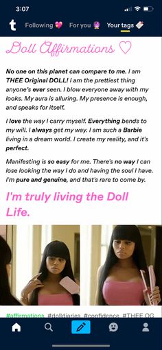 Doll Beauty Affirmations, Barbie Affirmations, Princess Affirmations, Dolly Quotes, Pretty Qoutes, Tell Me Something Good, Pink Lifestyle, Vision Board Manifestation