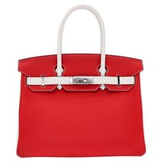 Brand: Hermès Style: Birkin HSS Size: 30cm Color: Rouge Casaque/White (Blanc) Material: Clemence Leather Hardware: Palladium (PHW) Dimensions: 11.75" W x 9.5" H x 6" D Handle Drop: 5" Red Birkin, Hermes Purse, Birkin Bags, Pretty Purses, Pochette Louis Vuitton, White Handbag, Leather Hardware, Jane Birkin, Book Boyfriends