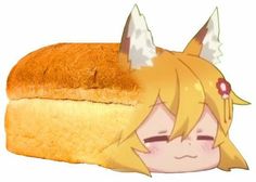 an anime character laying down next to a loaf of bread with ears on its head