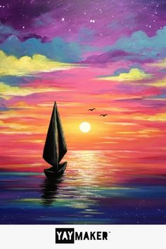 a painting of a sailboat in the ocean at sunset