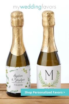 two bottles of champagne with the words my wedding favors printed on them and one bottle is gold