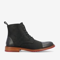 Black Wingtip Boots With Rubber Heel Cap, Black Lace-up Boots With Red Sole, Black Cap Toe Boots With Rubber Heel Cap, Black Boots With Rubber Heel Cap And Cap Toe, Luxury Black Cap Toe Boots, Fitted Black Boots With Red Sole, Black Leather Boots With Red Sole, Taft Boots, Taft Shoes