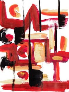 an abstract painting with red, orange and black colors