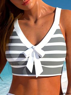 Katykey - Womens Retro Striped Print Bikini Set with V Neck and Bowknot Detail, High Waisted Grey & White Swimsuit, Stretchy Two-Piece Swimwear and Clothing Two Piece Swimwear, Bow Pattern, White Swimsuit, Grey And White, Spaghetti Strap, Collar Styles, Two Piece, Stripes, High Waisted