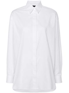 white cotton poplin texture embroidered logo to the front classic collar concealed front button fastening long sleeves buttoned cuffs curved hem Modern White Blouse With Concealed Placket, Classic White Blouse With Concealed Placket, White Blouse With Concealed Placket And Fold-down Collar, Timeless White Cotton Blouse, Yoko London, City Dress, Summer Beach Wear, Lady Dior, Shirt White