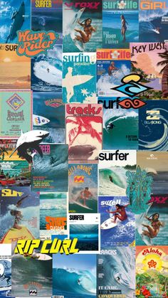 an advertisement for surf magazine with images of surfers and waves in different colors on it