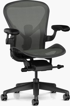 an office chair with wheels on the back and seat upholstered to the side