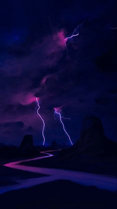 two lightning strikes in the night sky over a mountain range, with purple and blue hues