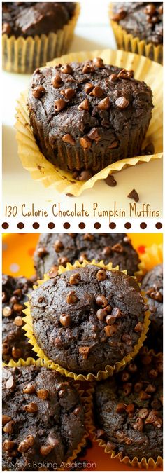 chocolate muffins are stacked on top of each other and ready to be eaten