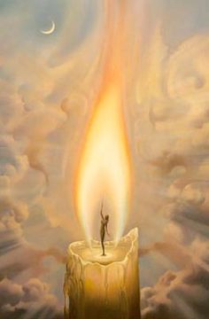 a painting of a person standing on top of a burning candle in the middle of clouds