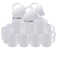 a stack of white coffee mugs sitting next to each other on a white background