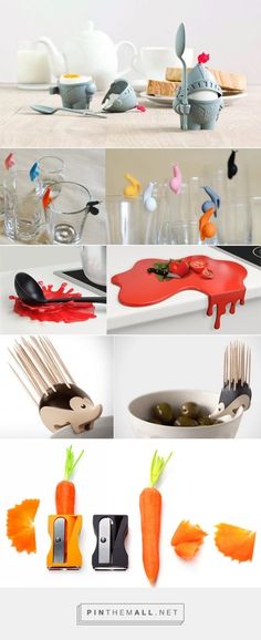 there are many different items that can be seen in this collage, including forks and spoons