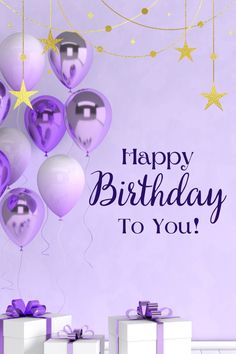 a birthday card with purple balloons and stars on the wall next to two white boxes