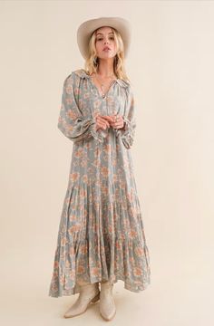 Dobby Floral Maxi Dress - Greige Goods Boho Floral Maxi Dress, Floral Silhouette, Bohemian Chic Fashion, Cowgirl Hats, Tiered Maxi Dress, Long Puff Sleeves, Floral Ruffle, Maxi Dress Blue, Comfort Style