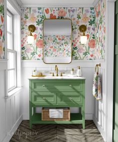 a bathroom with floral wallpaper and green vanity