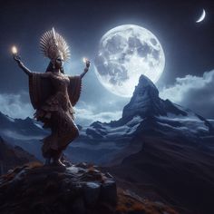 a woman standing on top of a mountain under a full moon