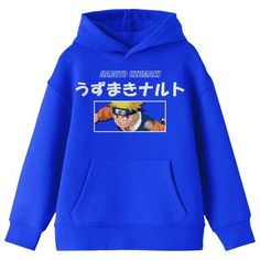 Celebrate your favorite anime characters with this Naruto sweatshirt. The hoodie features an image of Naruto Uzumaki under white kanji letters. The sweatshirt comes in royal blue with a large pouch pocket and a double-lined hood. Naruto fans will love this comfy and cozy hoodie. Casual Hooded Sweatshirt With Anime Print, Casual Anime Print Hoodie Sweatshirt, Casual Character Print Sweatshirt For Cosplay, Casual Drawstring Hood Sweatshirt For Cosplay, Kawaii Anime Print Hooded Sweatshirt, Cosplay Hoodie Sweatshirt With Cartoon Print, Cosplay Cartoon Print Hoodie Sweatshirt, Cartoon Print Hoodie Sweatshirt For Cosplay, White Anime Hooded Sweatshirt