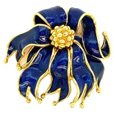 Large 18k gold and blue enamel ribbon brooch, crafted by Tiffany & Co. The brooch measures 2" x 2 1/8". Marked: Tiffany, k18, Italy. Weight of the piece - 53.8 grams. Ribbon Brooch, Gold Brooch, Gold And Blue, Gold Brooches, Tiffany And Co, Tiffany & Co., Royal Blue, 18k Gold, Ribbon