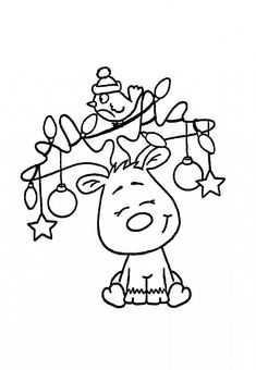 a black and white drawing of a reindeer with christmas decorations on it's head