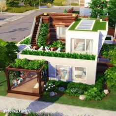 an artist's rendering of a house with plants growing on the roof and balcony