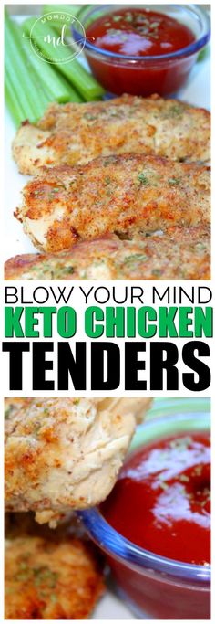 two images with the words blow your mind keto chicken tenders in front of them