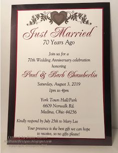 a wedding card with the words just married in red, white and black on it