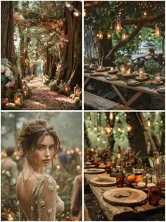 a collage of photos with candles, flowers and trees in the background at different times of day