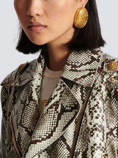 Balmain Signature Grid Earrings - Farfetch Womens Leather Biker Jacket, Cropped Biker Jacket, Engraved Earrings, Womens Biker Jacket, Snakeskin Pattern, Balmain Paris, Denim T Shirt, Pierre Balmain, Engraved Logo