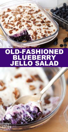 an old - fashioned blueberry jello salad in a glass dish with a spoon