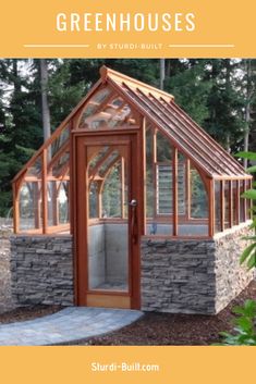 a small greenhouse built into the side of a stone building with text overlay that reads how to build a greenhouse