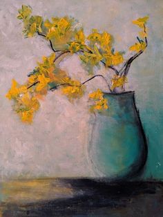 an oil painting of yellow flowers in a blue vase on a gray background with green leaves