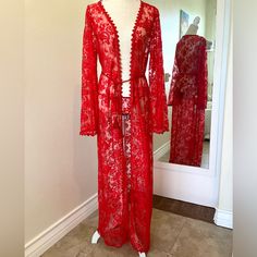 Sexy Long Red Sheer Lace Lingerie Robe With Tassel Belt And Matching G-String. The Lace Material Is Soft, Not Stiff And Scratchy, With Slight Bell Sleeves And Nice Trim Detail All Around. Nwt Mapale Size Xl - See Pix For Measurements. Rated Seller - Packs With Care And Ships Fast From Smoke Free Home! Red Sheer Lace Sleepwear, Red Fitted Lace Sleepwear, Fitted Red Lace Sleepwear, Tassel Belt, Lace Material, Long Red, Lace Lingerie, Sleepwear Robe, Trim Detail