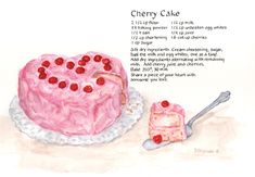 a watercolor drawing of a cherry cake on a plate next to a piece of cake