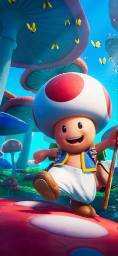 the super mario bros movie poster with mushroom character holding a baseball bat in front of mushrooms