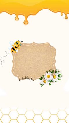 a card with bees and daisies in the middle, next to honeycombs