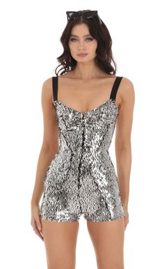 Rada Silver Sequin Hook and Eye Romper in Black | LUCY IN THE SKY Sparkly Romper New Years, Sparkly Playsuit, Glitter Romper, Sparkly Bodysuit, Sparkly Jumpsuit, Sequin Bodysuit, Lace Halter Dress, Sequin Rompers, Lucy In The Sky