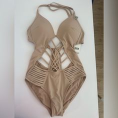 Kenneth Cole One Piece Swimsuit Size S Beige Lined Swimwear For Spring, Spring Beige Lined Swimwear, Beige Lined Swimwear For The Beach, Beige One-piece Swimwear For Pool, Beige Summer Bodysuit For Beach, Beige Summer Bodysuit For The Beach, Beige Bodysuit For Beach In Spring, Kenneth Cole, Womens Swim