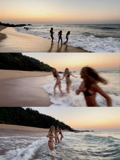 three girls playing in the ocean at sunset and running into the water with their arms around each other