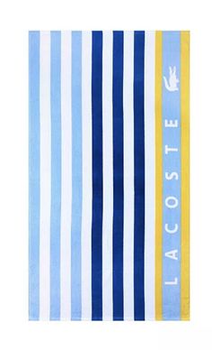 a blue and yellow striped towel with the words lacco sie on it's side