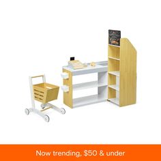 an image of a dollhouse furniture set with shopping cart and bookcase on wheels