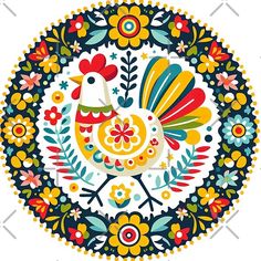 a colorful rooster with flowers and leaves on it's head in the center of a circle