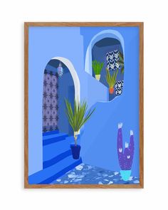 a blue room with cactus and potted plants