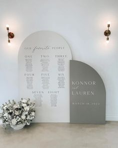 the ceremony table is set up with white flowers in front of an arched sign that reads, our special people one two four