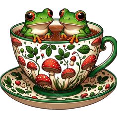 two green frogs sitting in a cup with mushrooms and leaves painted on it's side