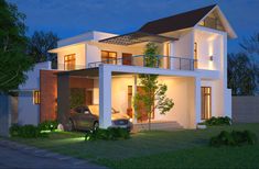 a car is parked in front of a modern house at night with the lights on