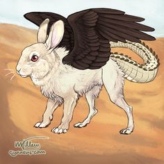 an illustration of a white rabbit with wings on its back, standing in the desert