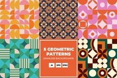 six geometric patterns in different colors with the text, 5 geometric patterns seamlessly background