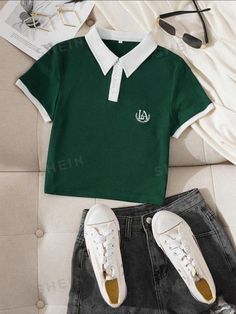 Polo Shirt Outfits, Cropped Polo, Green Polo Shirts, Elastic Waistband Pants, Letter Embroidery, Collar Tshirt, Contrast Collar, Coffee Brown, Collar Designs